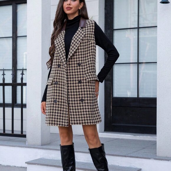 Brown Preppy Houndstooth Print Double Breasted Belted Vest Overcoat - Picture 1 of 6